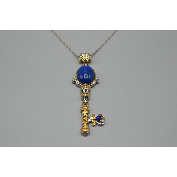 Key Pendant Lapis Lazuli Accents SV 925 NH Stamp Sterling Silver Chain Vermeil - Picture 1 of 12